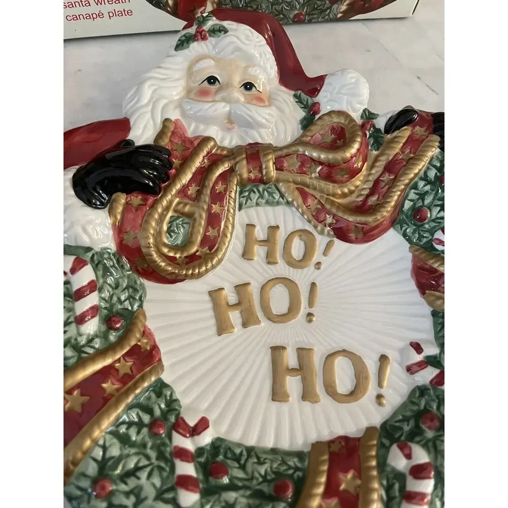 Fitz and Floyd Santa Wreath Canape Plate Appetizer Christmas Holiday Party Ho Ho